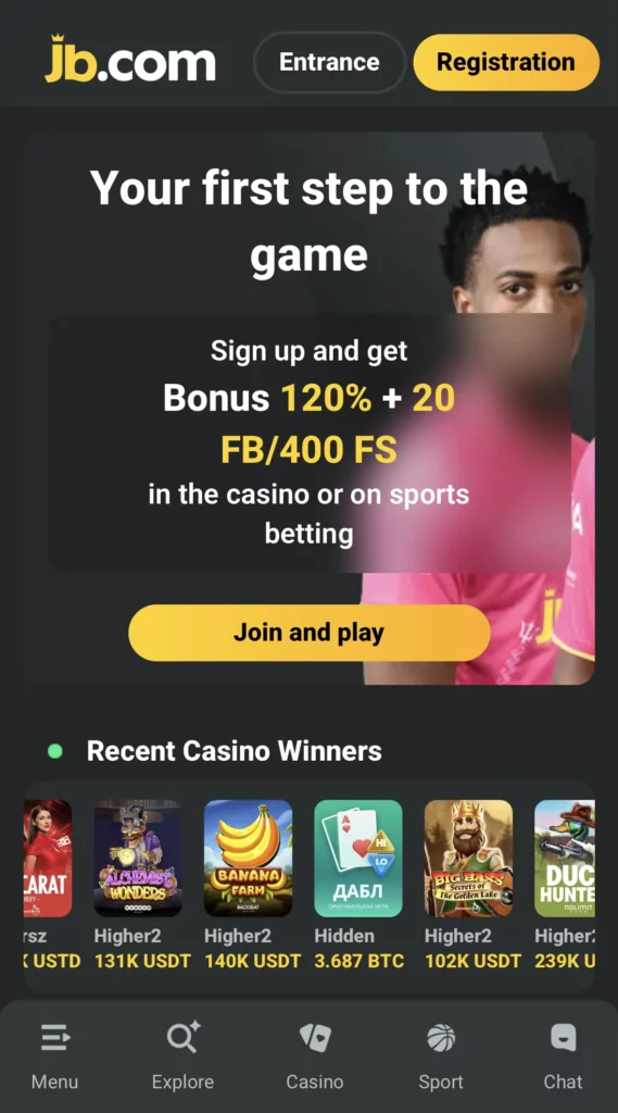 Screenshot of the mobile version of the JB casino