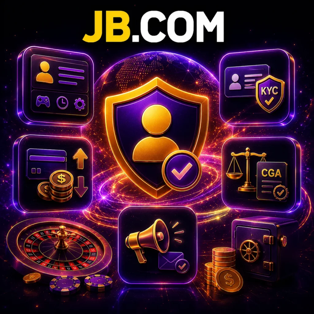 Иллюстрация безопасности учетной записи JB.COM с проверкой KYC, платежами и соответствием нормативным требованиям.