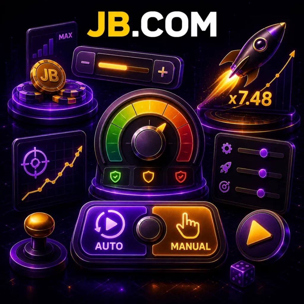 Иллюстрация настроек игры JB.COM с элементами управления ставкой, уровнем риска и автоматической игрой.