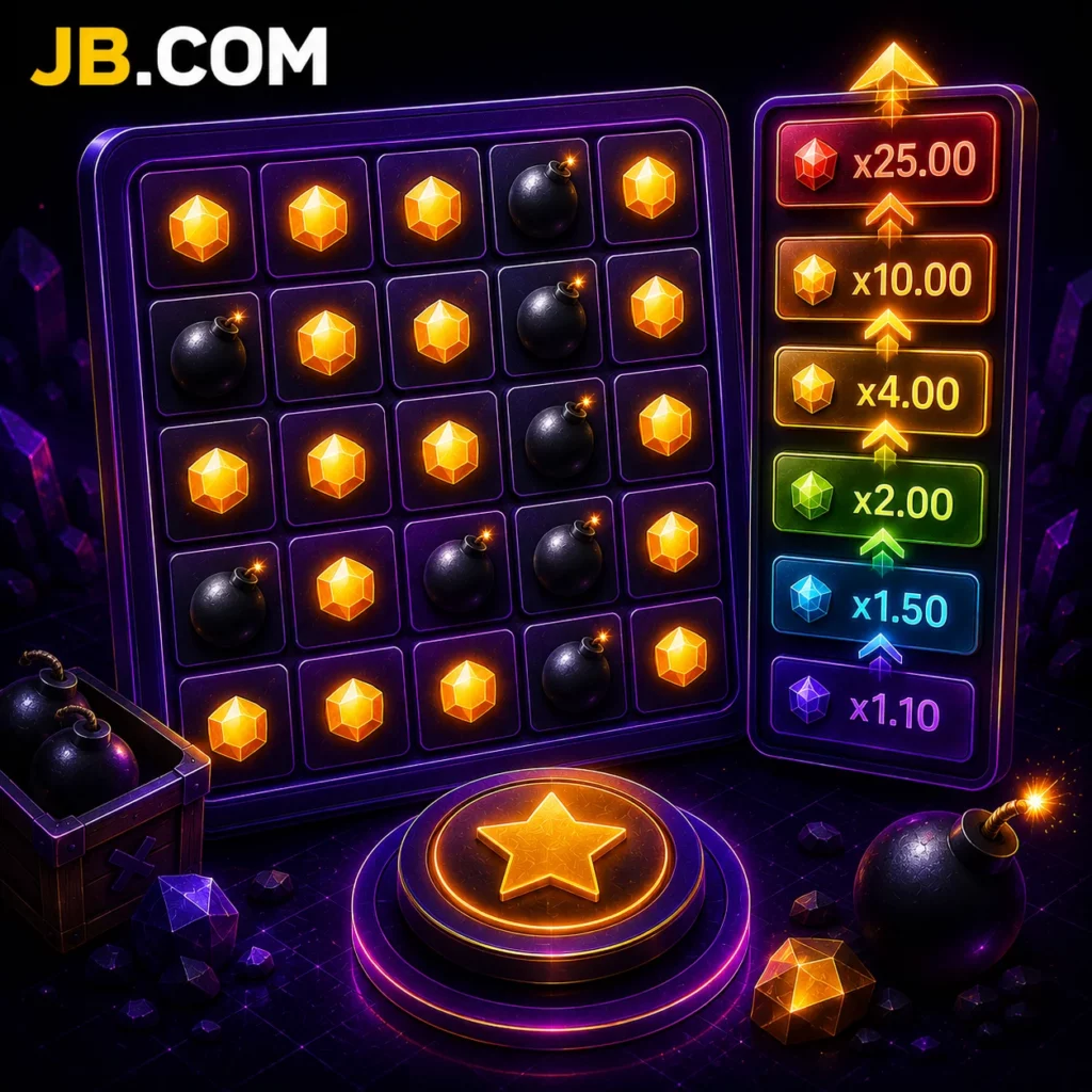 Иллюстрация к игре JB.COM Mines с сияющими драгоценными камнями, спрятанными бомбами и множителями наград.