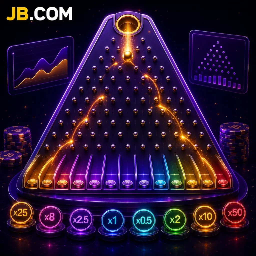 Иллюстрация игры Plinko от JB.COM с эффектом свечения слотов с множителями и механикой падающего шарика.