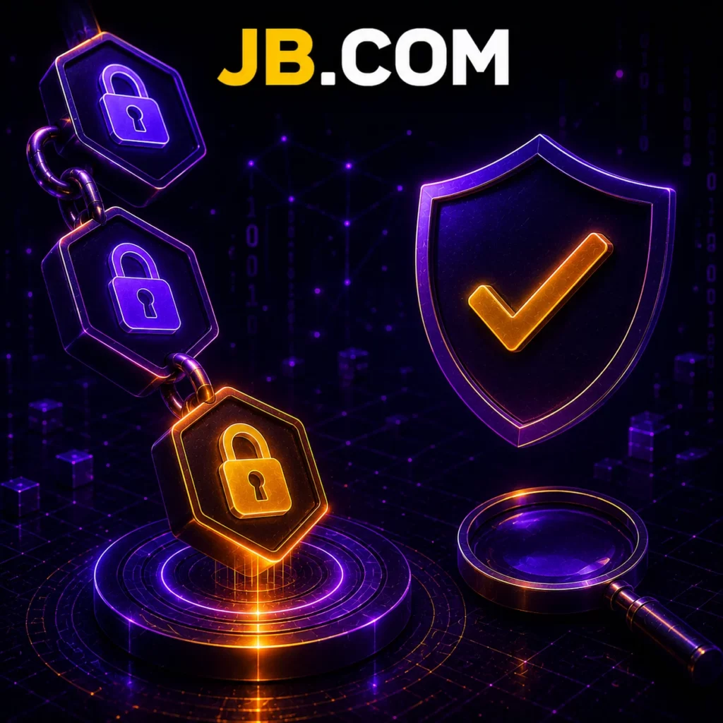 Ілюстрація достовірно чесної безпеки JB.COM із ланцюговими замками та символами перевірки цілісності.