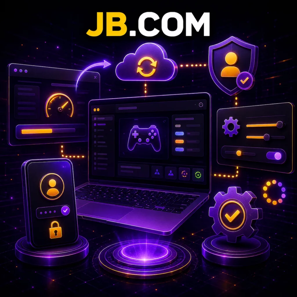 Иллюстрация интерфейса JB.COM с функциями управления сессиями, сохранения настроек и загрузки страниц.