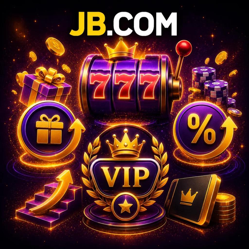 Ілюстрація програми VIP-нагород JB.COM з безкоштовними обертаннями, рейкбеком та бонусами за лояльність.